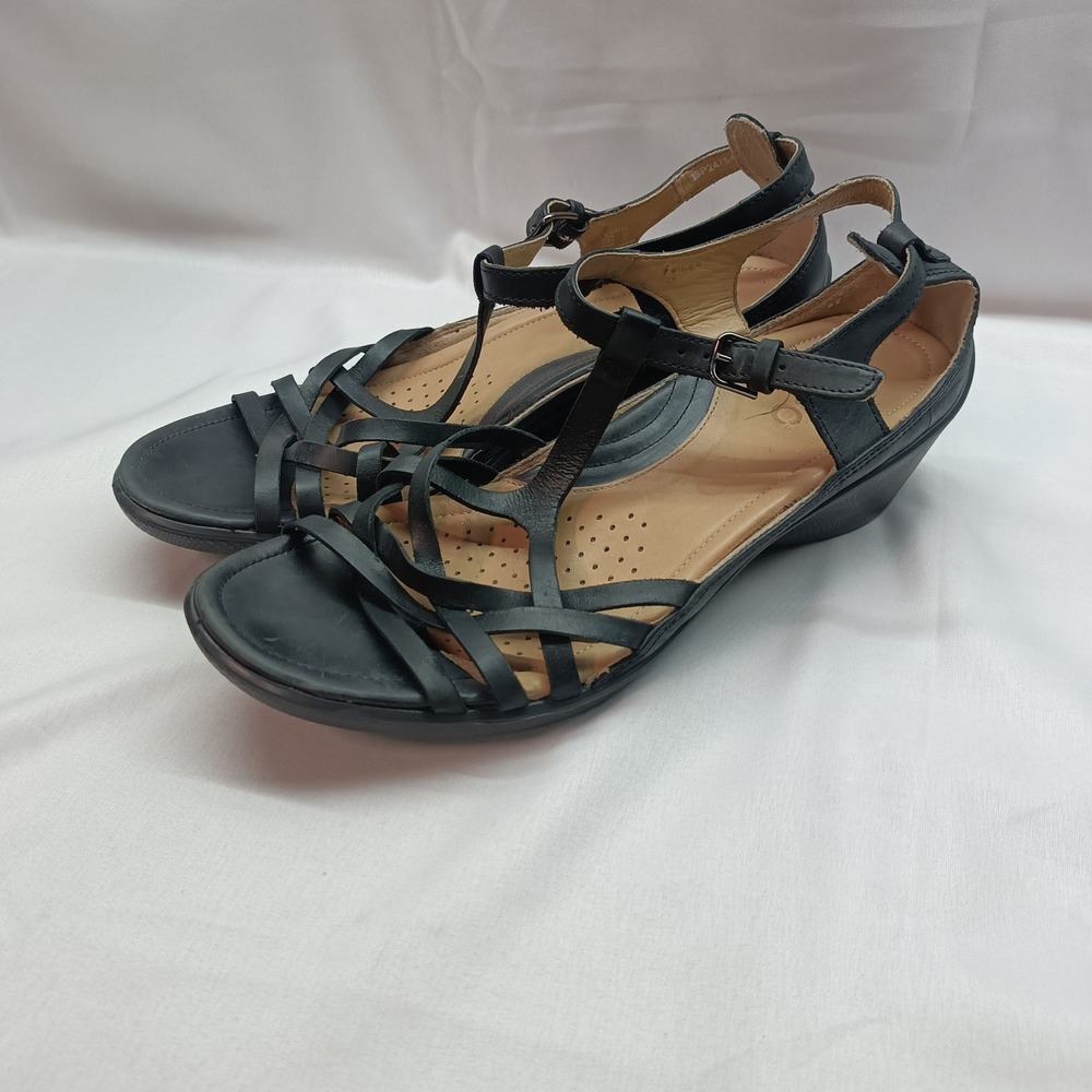 ECCO Felicia Black Leather Strappy T-Strap Wedge Sandals Womens 39 US 8.5